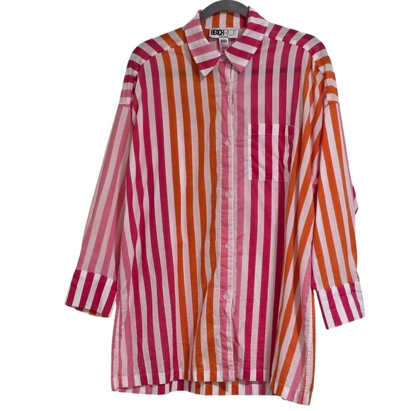 Beach Riot Tops - Beach Riot Button Down Women's Small Pink Orange Striped Oversized Cotton Shirt